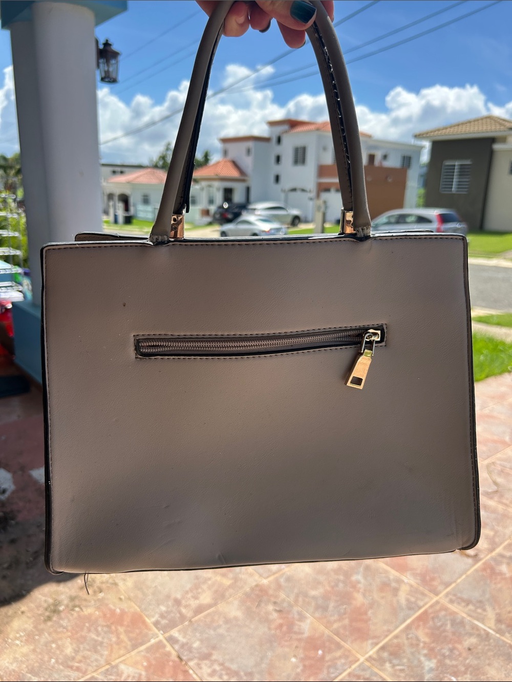 Source Unknown Taupe Shoulder Bag with Gold Zipper